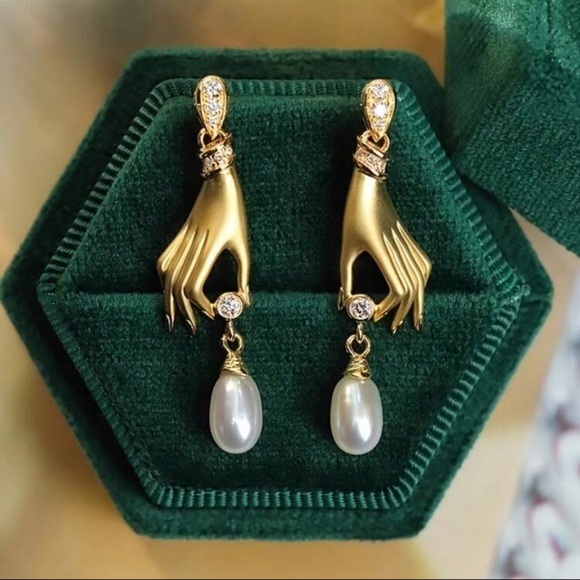 Anthropologie Jewelry - Victorian Golden Hand Baroque Pearl Drop Earrings NWOT